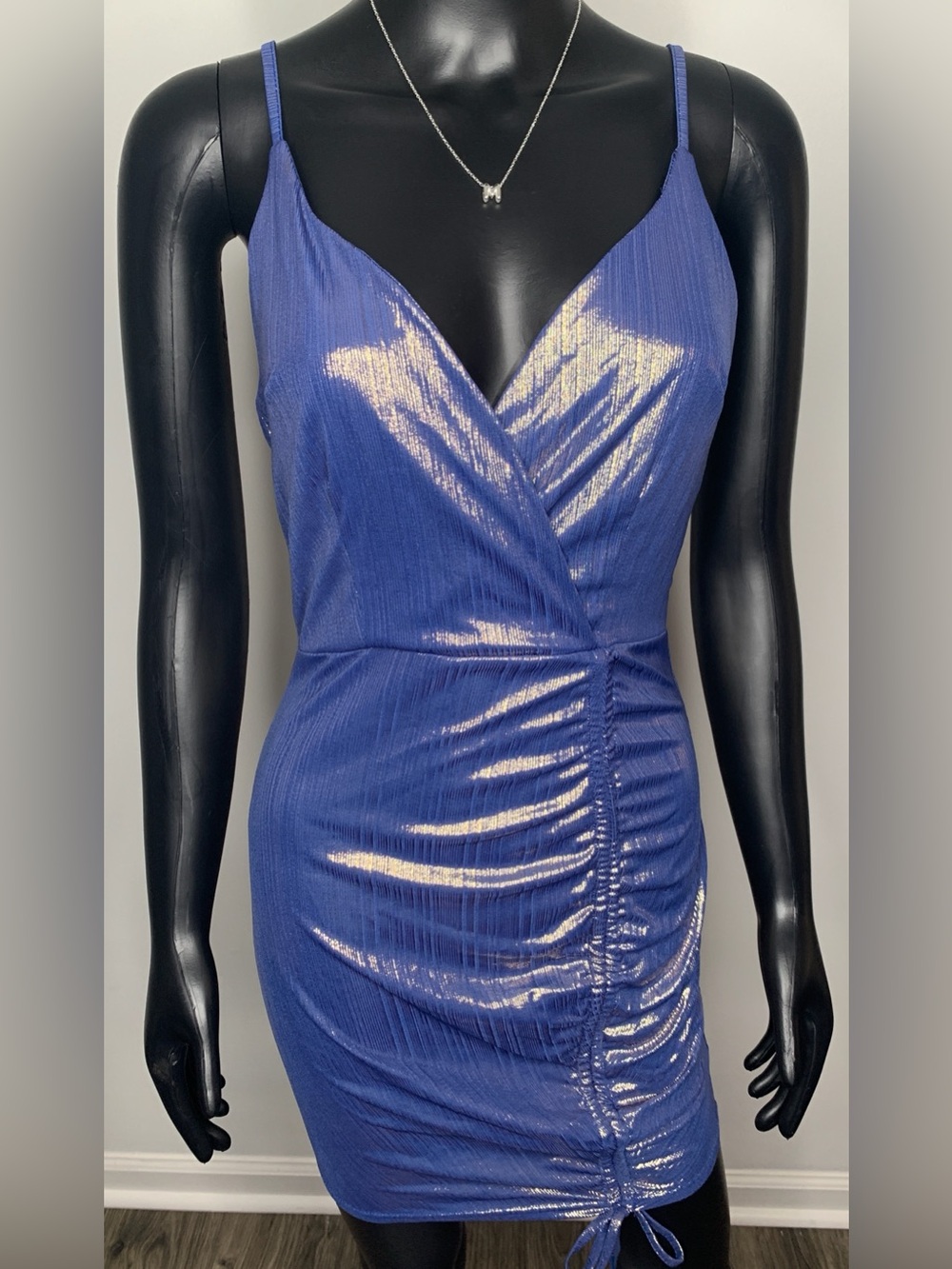 Metallic Cobalt Strapless Ruched Slip Dress
